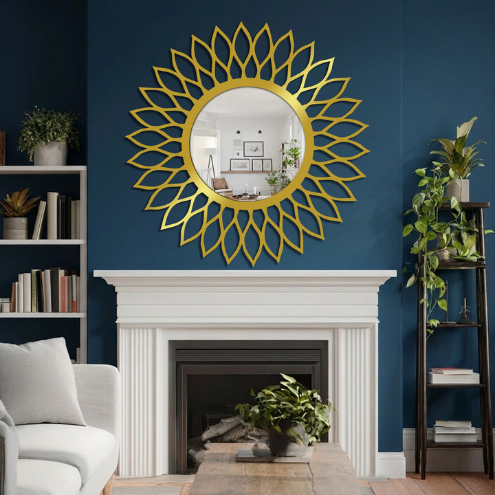 Illuminated by the stained glass wall mirror's reflection, the fireplace opening represents the darkest area beneath a golden radiant leaf halo.