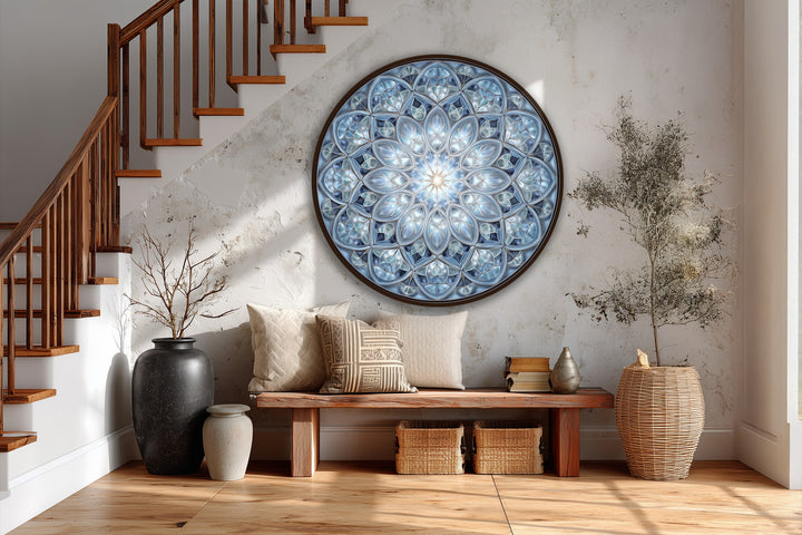 The focal point of this round, blue Crystal Harmony oil painting artwork presents a mesmerizing mandala design on wood.