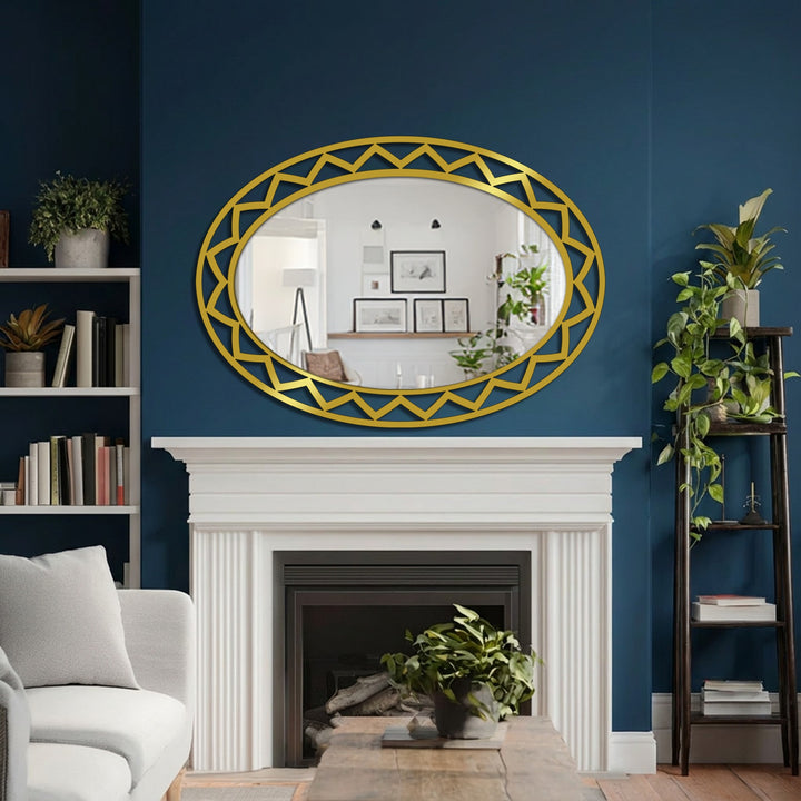 Within the fireplace's depths, the geometric oval framed wall mirror dimly reflects the bright interior beyond, offering a contrast as stylish home decoration.