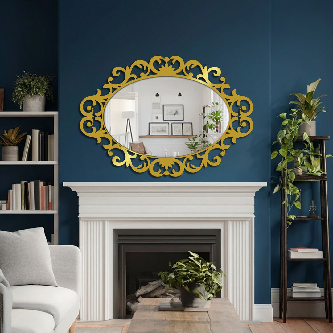 Rich jewel tones amplify the ornate scroll frame of this oval mirror, a piece of decorative metal art that subtly reflects the light and surrounding room.