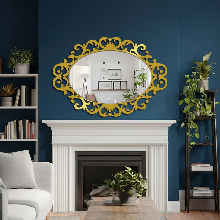 Rich jewel tones amplify the ornate scroll frame of this oval mirror, a piece of decorative metal art that subtly reflects the light and surrounding room.
