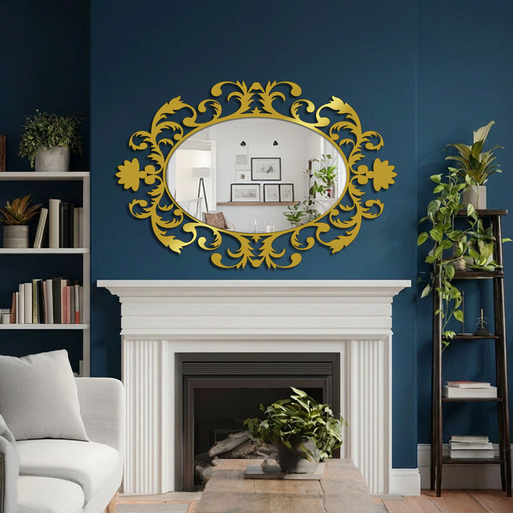 Deep navy wall acts as a sophisticated backdrop, enhancing the reflected light and the gilded decorative mirror with intricate scrollwork, adding a touch of elegance to the home decor.
