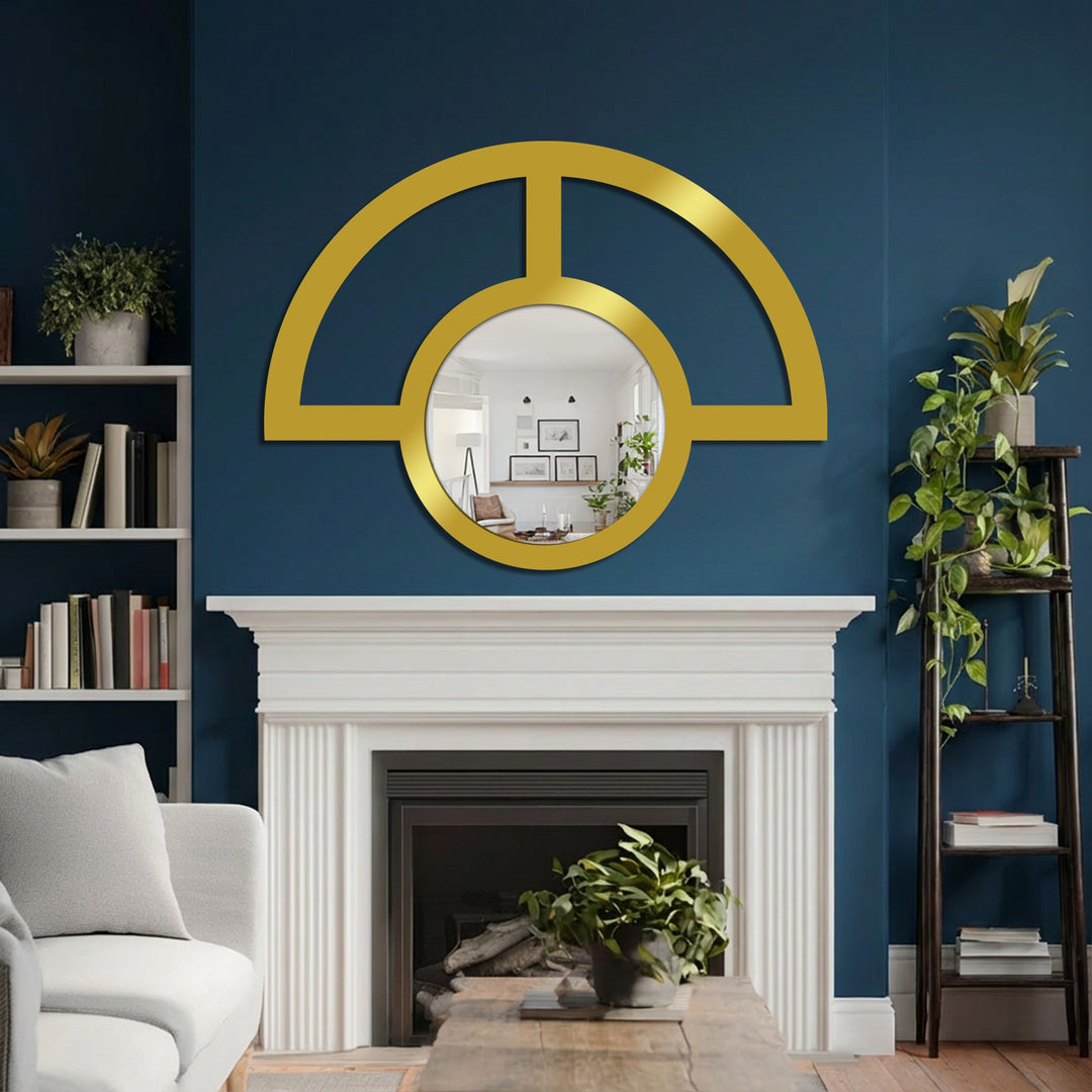 The modern decoration wall art design of the abstract half circle metal wall mirror stands out against the deep blue wall above the fireplace mantel.