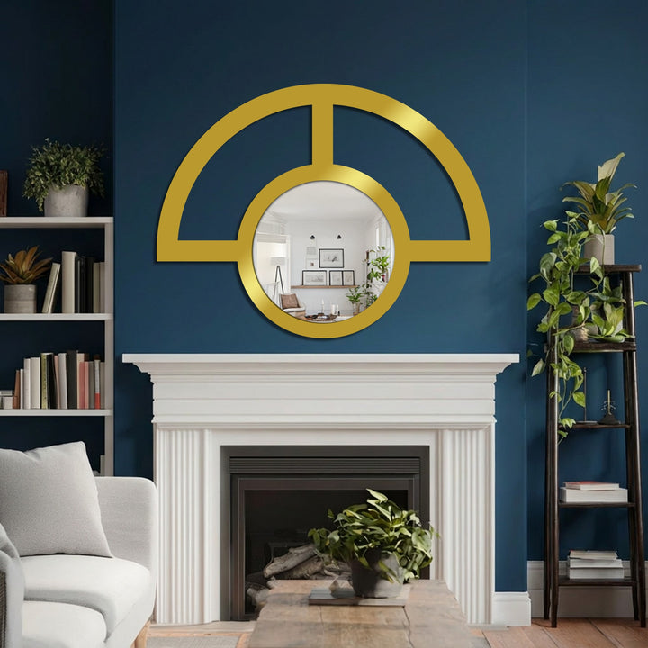 The modern decoration wall art design of the abstract half circle metal wall mirror stands out against the deep blue wall above the fireplace mantel.