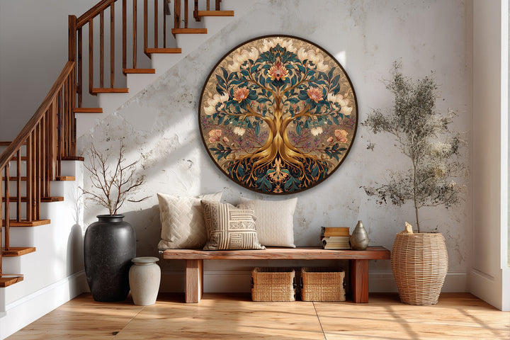 Showcasing the abstract quality, this ornate bloom oil painting decoration captures the decorative floral tree with a captivating blend of teal and gold tones.