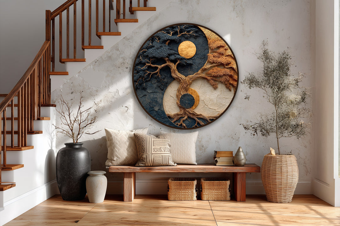 Featuring the dominant earthy tones, this round abstract oil painting artwork depicts a celestial balance tree in textured golds and creams, creating a modern symbolic piece.
