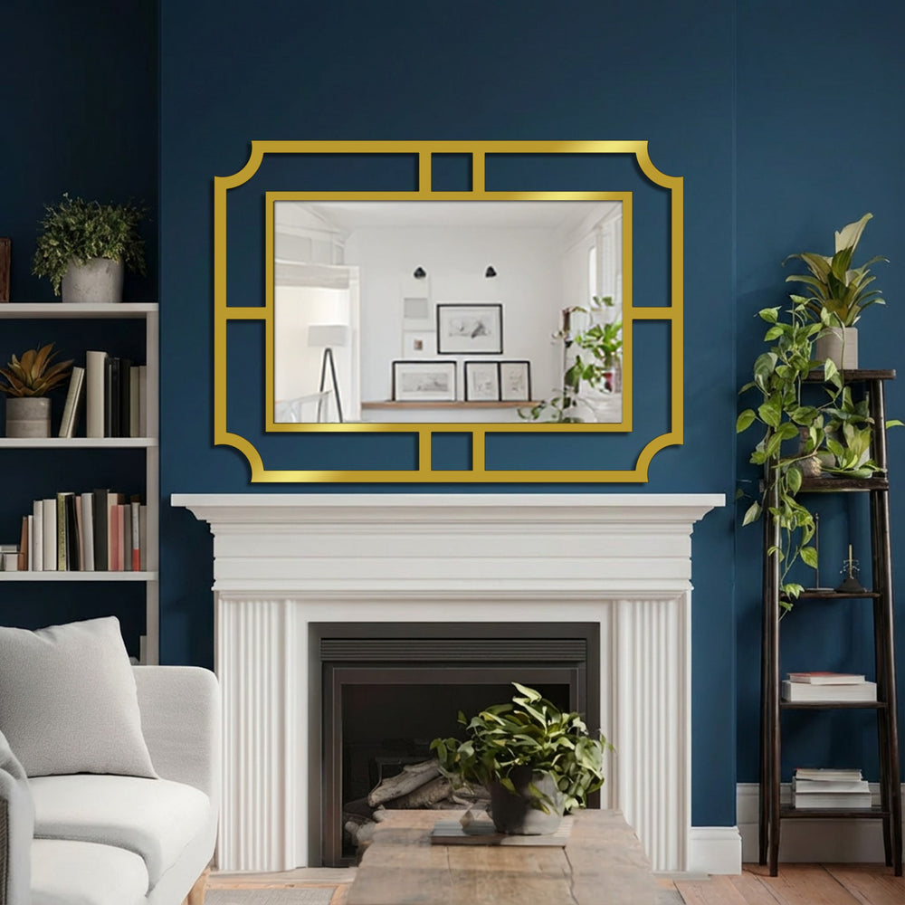 Deep color saturation enhances the gold geometric frame, highlighting a modern statement stained glass wall mirror above the fireplace.