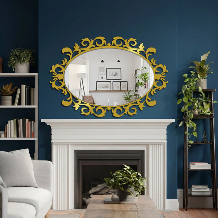 Reflected in the oval framed wall mirror, the bright interior of the room beyond the fireplace creates a captivating focal point.