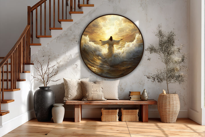 Surface texture emphasizes the brushstrokes and impasto on the radiant faith oil painting wall art, depicting golden sunrise over the sea and creating depth.