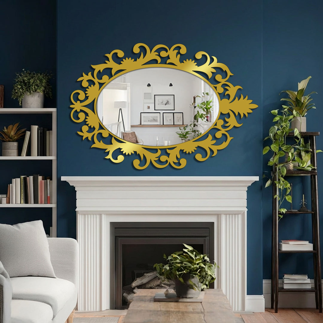 Smooth surface texture of this crowned baroque oval floor decorative mirror is enhanced by an intricate, ornate metal frame.