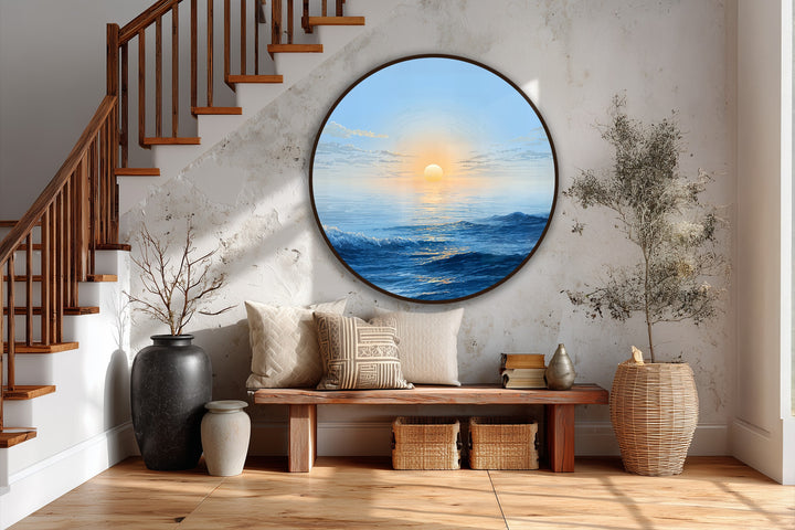 Encircling the serene seascape, the oil painting reproduction print features a dark, round edge that accentuates the golden horizon and ocean waves artwork.