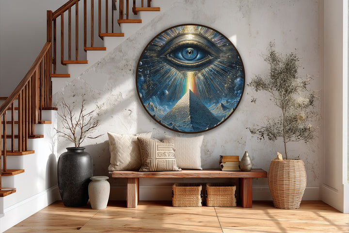 Soft, blended colors accentuate the celestial vision within this mesmerizing pyramid eye round oil painting home decor, radiating a serene and mystical aura.