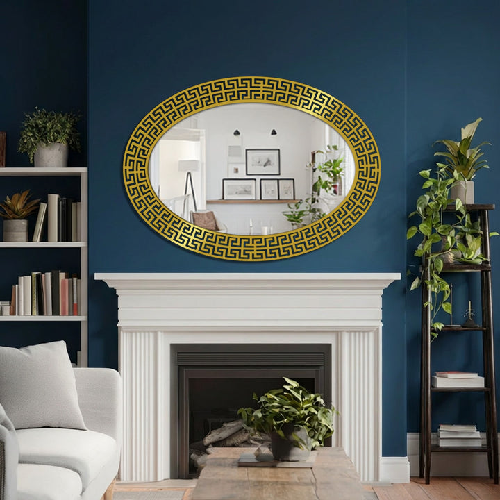 Reflected in the stillness, a decorative mirror with a golden neo-Greek frame hangs above a fireplace, creating a calm and elegant focal point in the room.