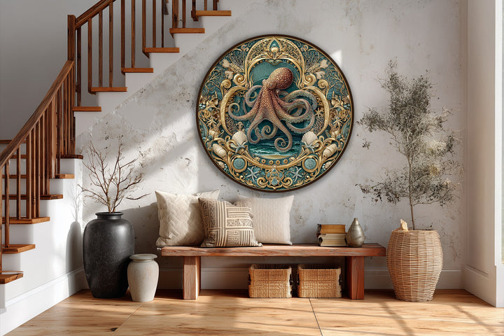 Light and shadow accentuate the baroque-style details of the ornate ocean octopus round oil painting, creating depth in this stunning oil painting wall art.