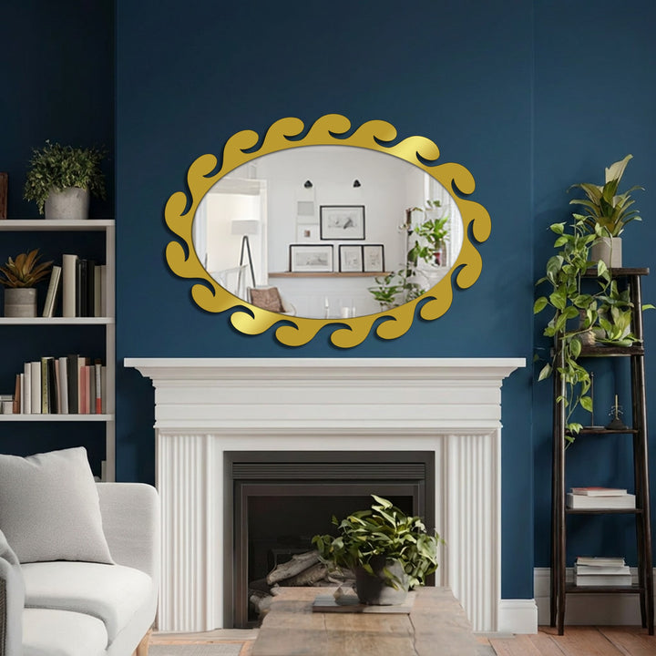 Depth is created by the fluid wave details of the oval mirror, casting light and shadows that enhance this decorative mirror's sculptural form.