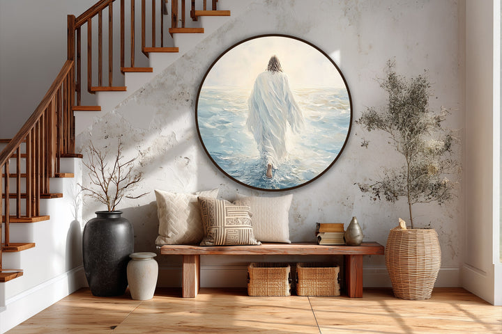 Foreground elements of wooden furniture and vases enhance the depth and layers of this 'Walk Upon the Waters' round oil painting decoration showcasing the faith-inspired scene.