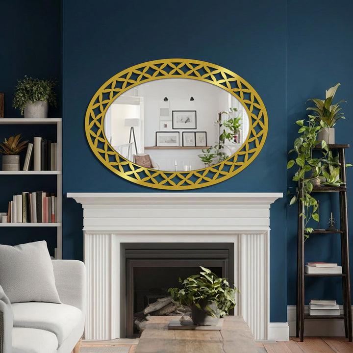 Reflecting depth and layers, the geometric petal frame gives this oval mirror an illusion of nested planes enhancing the room's design with modern wall mirrors.