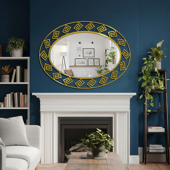 The striking, geometric frame is the loudest element in this modern wall mirrors design, accentuating the shape of a striking oval floor mirror with a Greek key pattern.