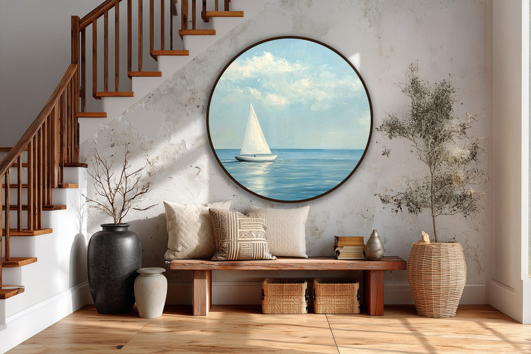 Silent Horizon – Velero minimalista redondo Cuadro al óleo