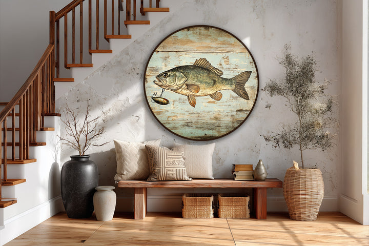 A geometric round shape highlights the vintage bass fish in this oil painting artwork, contrasting with the adjacent rectangular steps and wall.