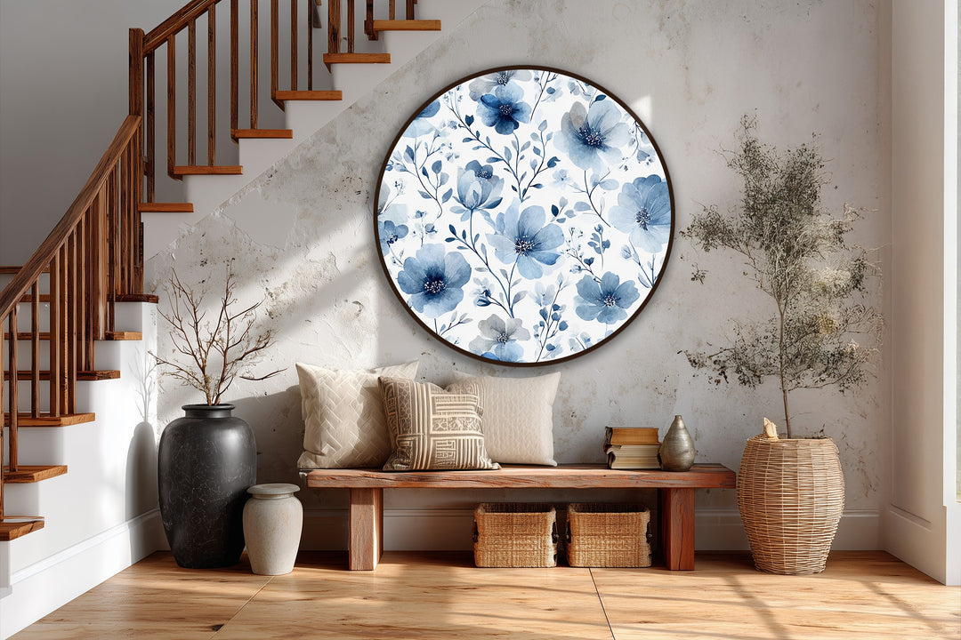 Sunlight illuminates the round oil painting home decor, highlighting the soft blue botanical pattern in this elegant floral art.