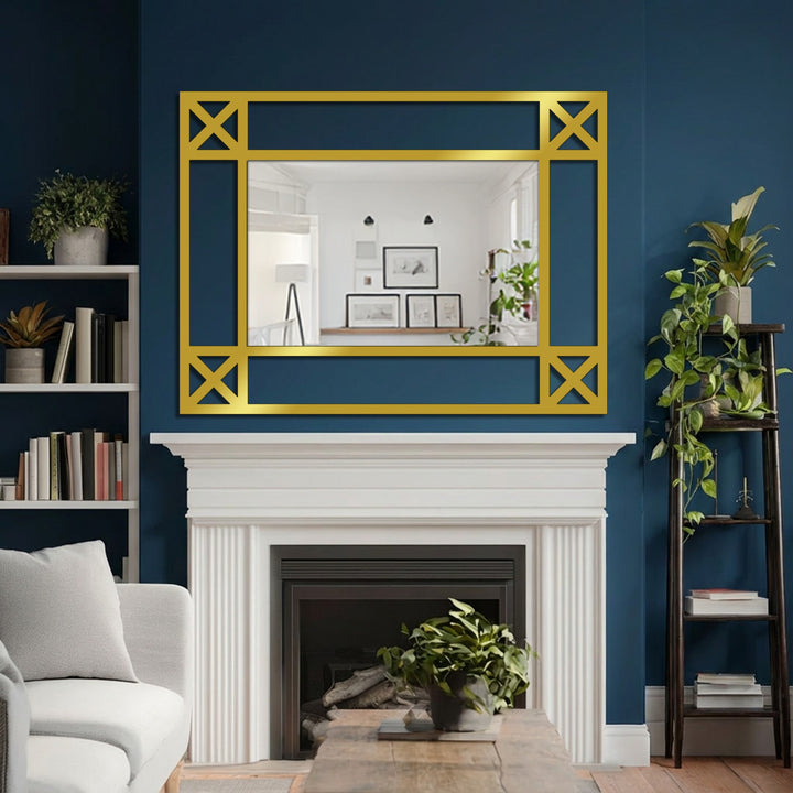 Reflecting the realistic detail, the gold-framed modern wall mirrors with cross corner accents adds depth above a bright fireplace, enhancing the room's home decor.