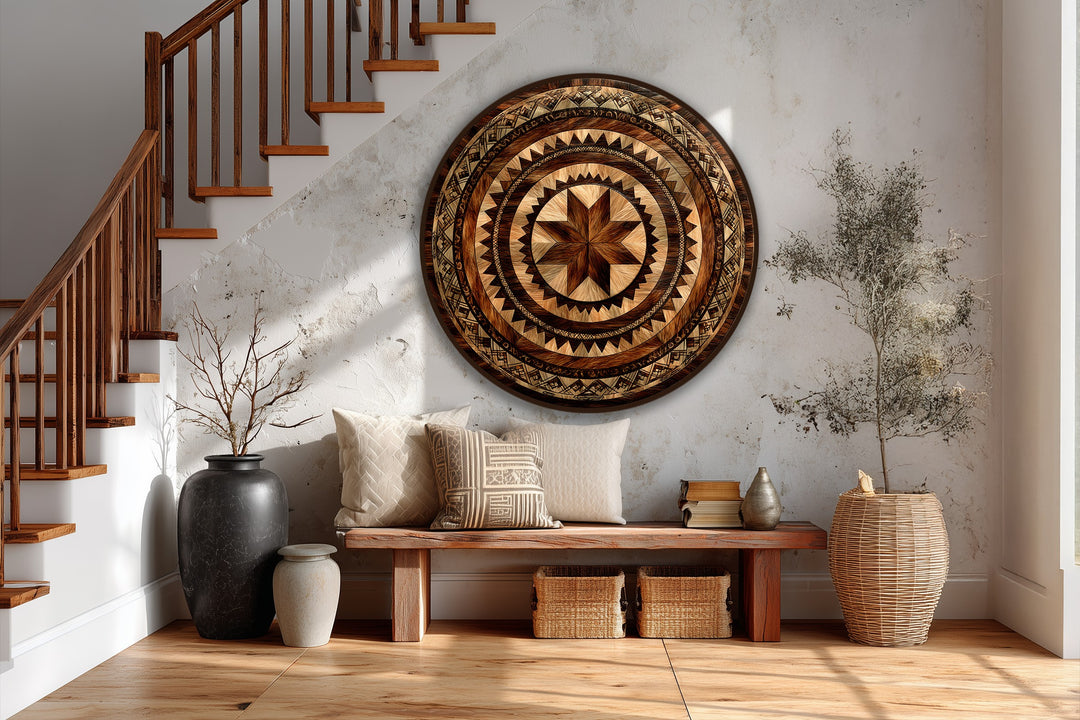 Illuminated by a nearby window, the brightest area showcases the intricate star pattern of the tribal sunburst mandala, a rustic geometric round oil painting artwork.