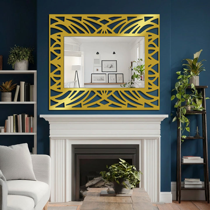 Foreground view of an abstract botanical pattern frame floor mirror, reflecting the living room, exemplifies a stylish mirror for wall decor in a home setting.
