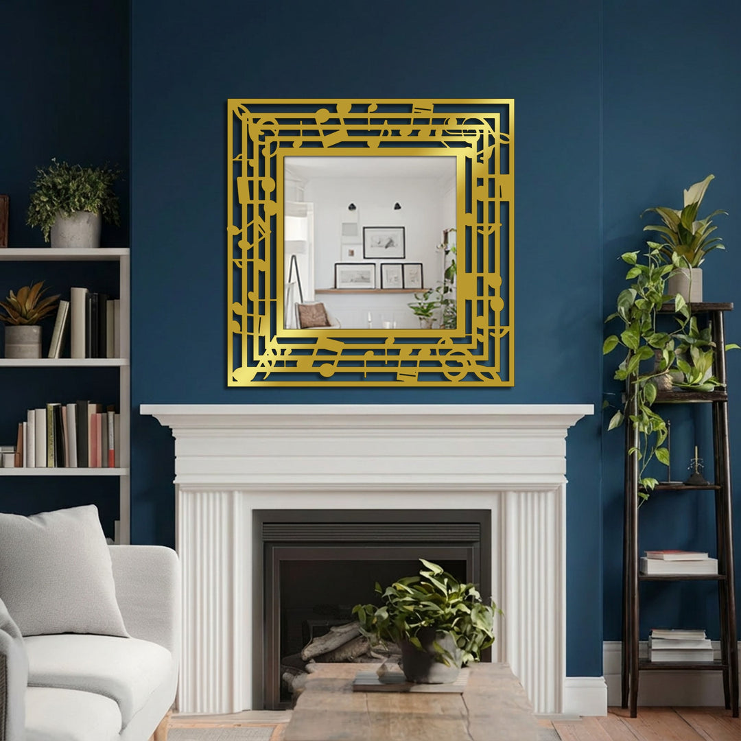 Deep blue wall creates a striking color contrast with the gold musical notes frame surrounding this artistic rhythm design metal artwork mirror.