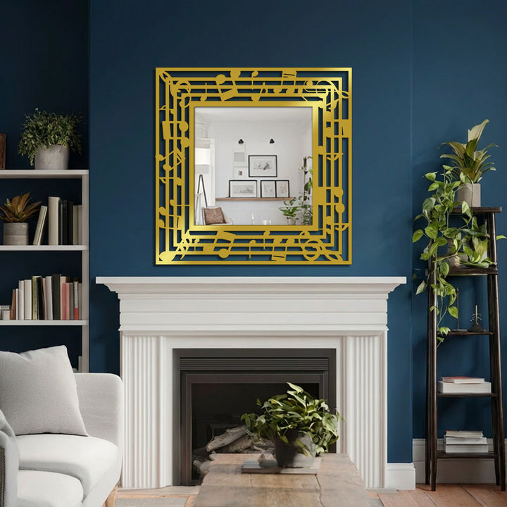 Deep blue wall creates a striking color contrast with the gold musical notes frame surrounding this artistic rhythm design metal artwork mirror.