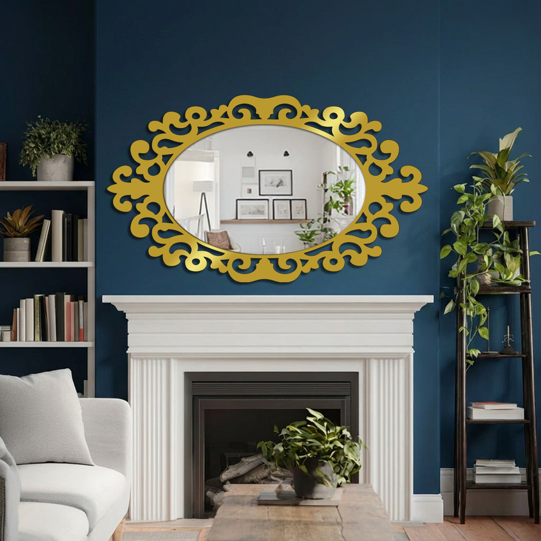 The stillness of the room is captured in this framed wall mirror reflecting a cozy interior and casting a serene golden light within its scroll accent frame.