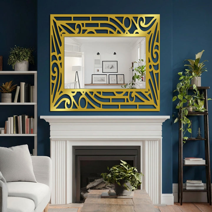 Elegant decorative mirror featuring an abstract curved line pattern frame and black metal design, creating a striking focal point.