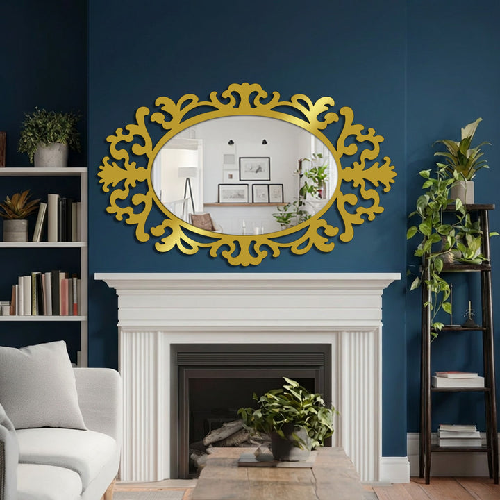 Deep blue walls create a dramatic backdrop for the regal flourish baroque oval mirror for wall decor, contrasting with the white fireplace mantel.
