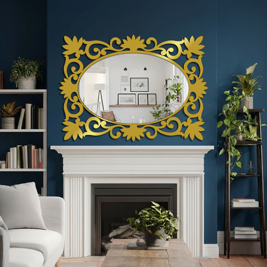 Flowing gold filigree in this stained glass wall mirror design creates a dynamic, elegant, and baroque style that adds visual movement.