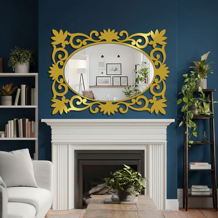 Flowing gold filigree in this stained glass wall mirror design creates a dynamic, elegant, and baroque style that adds visual movement.