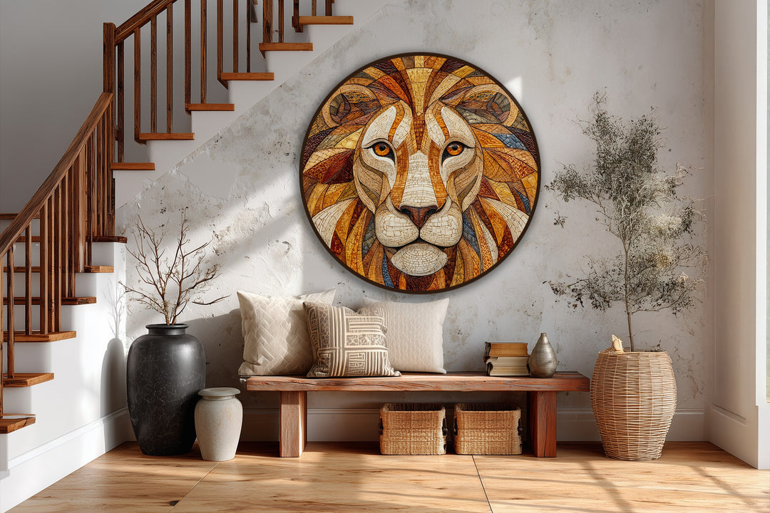 Golden Dominion – Retrato de león en mosaico redondo Cuadro al óleo