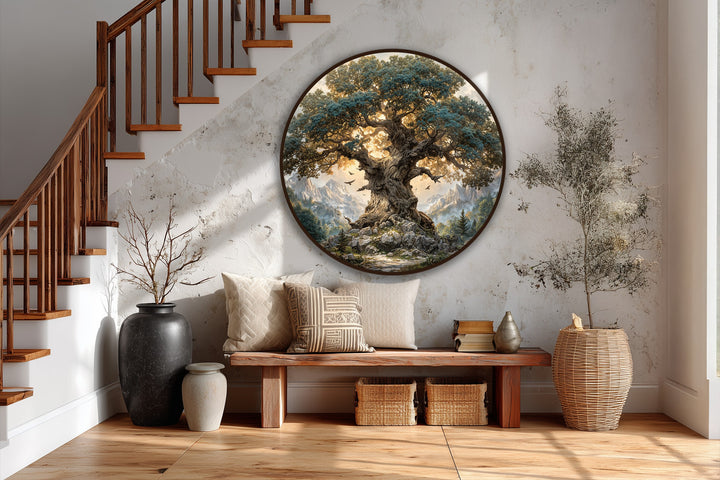 Majestic ancient mountain oak is the focal point, a round oil painting artwork depicting a tree landscape illuminated by warm sunlight, creating an elegant nature scene.