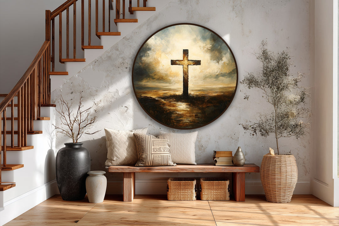 Radiant cross, the central subject of this oil painting art piece, emits a beacon of salvation under luminous skies, embodying faith and redemption.