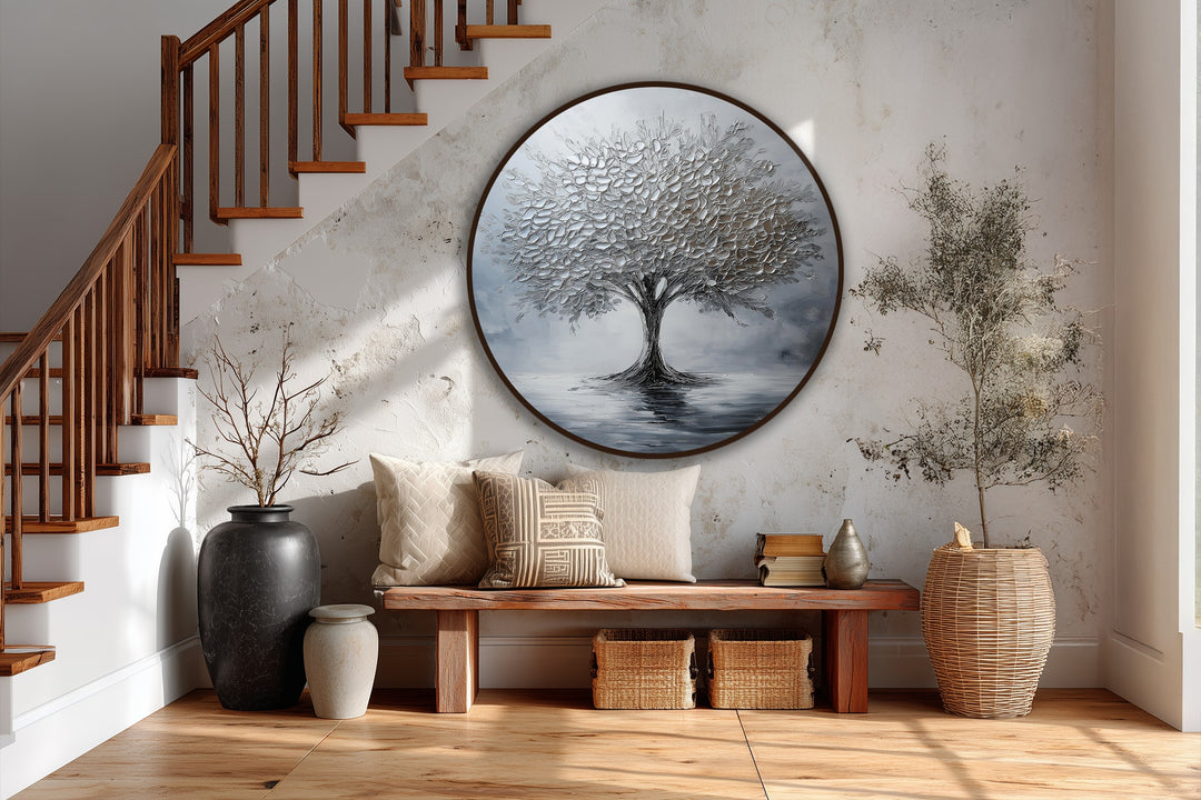 Cool color temperatures highlight the silver tree reflection in this serene monochrome oil painting home decor, offering a peaceful, balanced focal point.