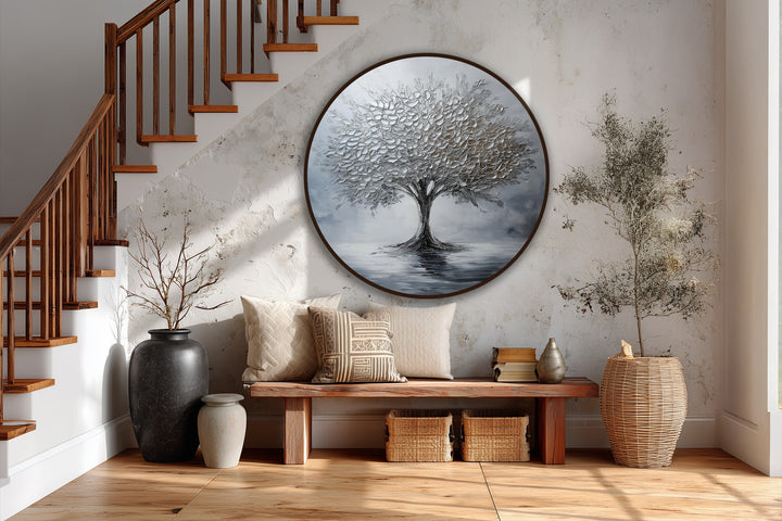 Cool color temperatures highlight the silver tree reflection in this serene monochrome oil painting home decor, offering a peaceful, balanced focal point.