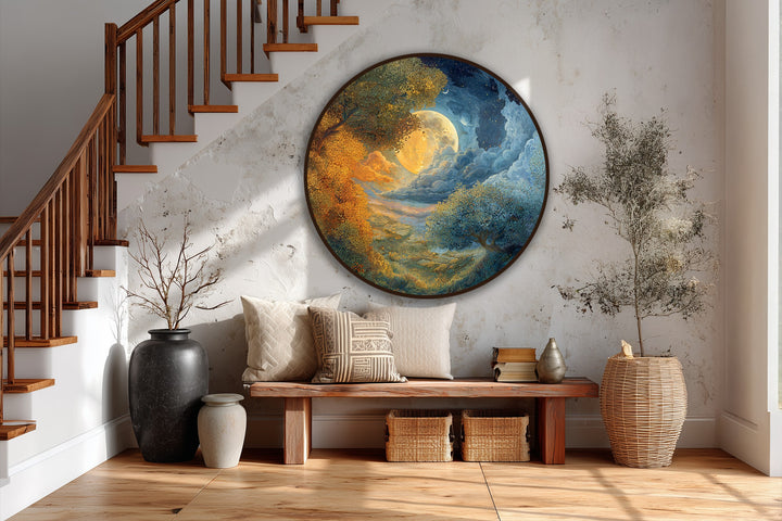Illuminated by the moon, the brightest area showcases this dreamlike landscape, a round oil painting featuring celestial oil painting art prints.