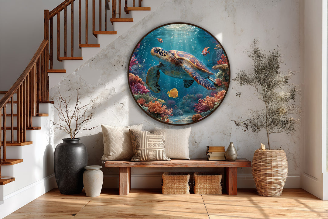 Rough surface texture accentuates the colorful, round oil painting decoration of a graceful sea turtle swimming among vibrant coral reefs.