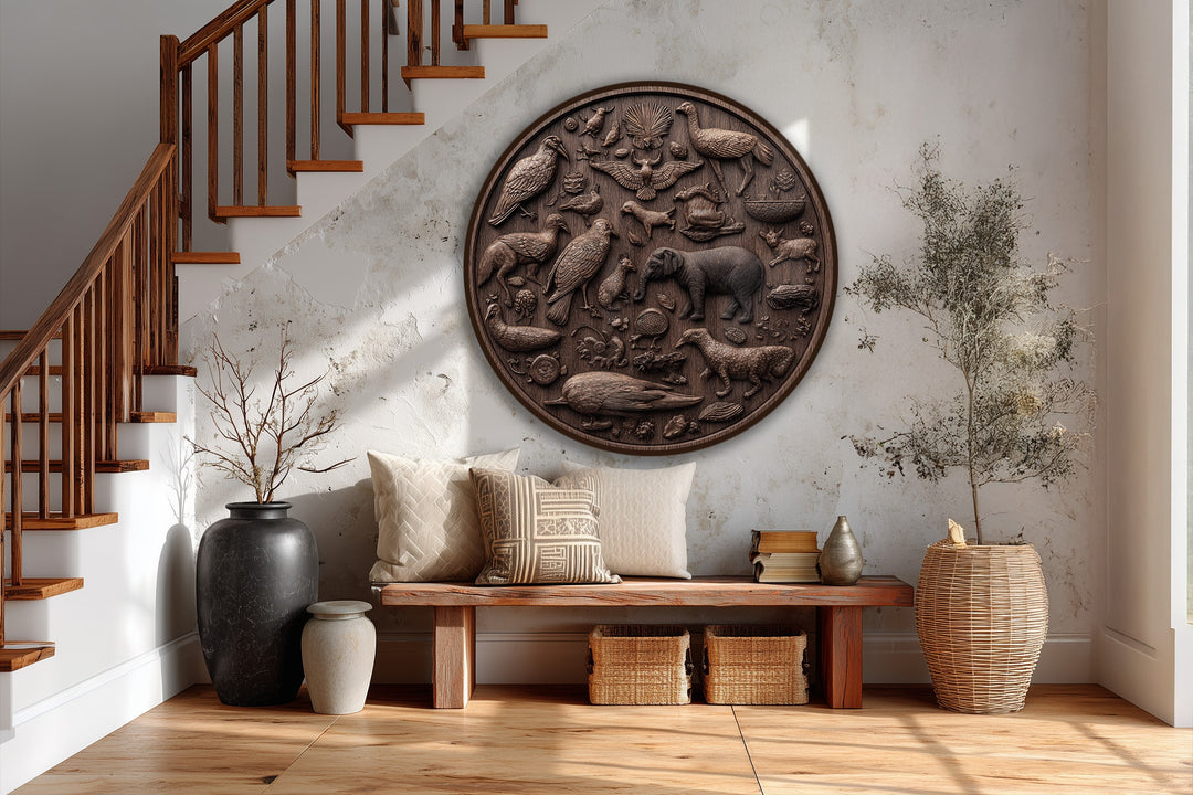 The focal point is the wildlife relief round oil painting reproduction print of intricately carved animals on wood adding rustic nature to the hallway.