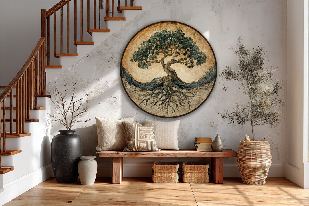 Warm color temperature enhances the appeal of this round oil painting decoration depicting an 'Ancient Roots of Life' symbolic tree with intricate roots.