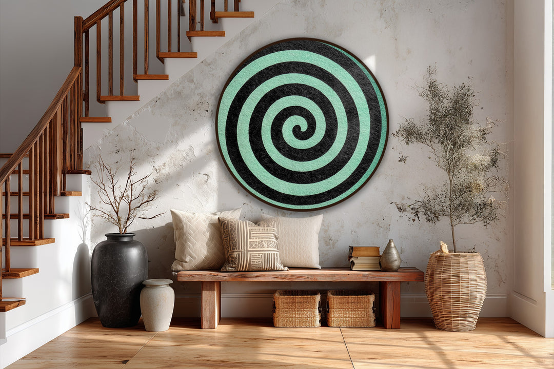 Visual rhythm is created with the spiraling pattern of this minimalist black spiral on mint background round oil painting art piece.