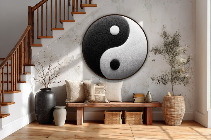 Illuminating the entryway, the striking round oil painting reproduction print showcasing the yin yang symbol commands attention, adding a harmonious and balanced focal point as home decoration.
