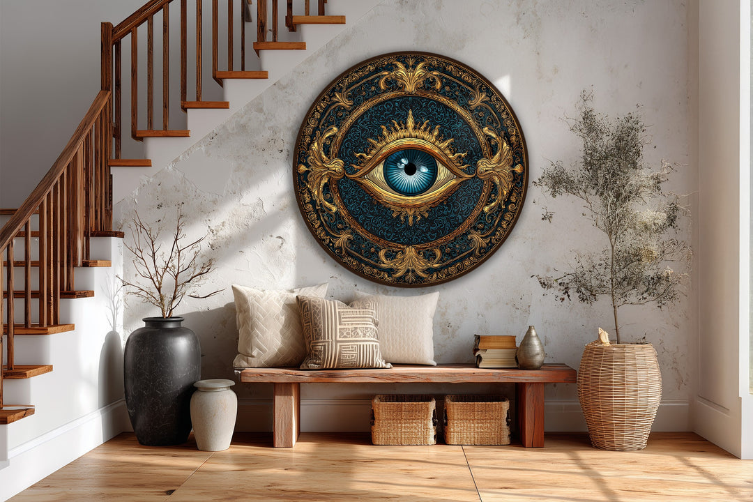 Negative space highlights the ornate details around the central eye in this celestial guardian oil painting reproduction print, a mystical piece of round wooden wall art.