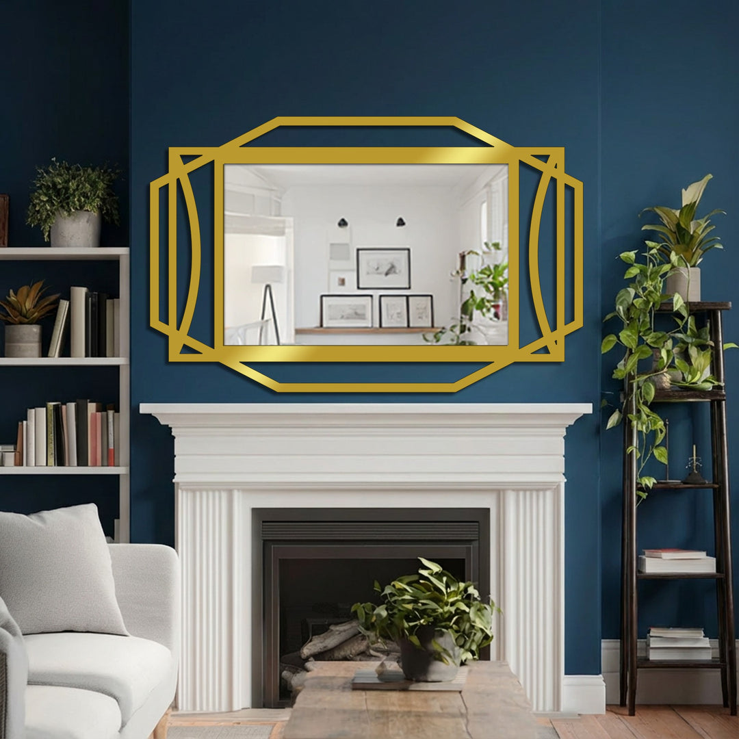 Organic curves meet sharp geometric lines in this decorating with wall mirrors, creating a striking art deco focal point above the fireplace.