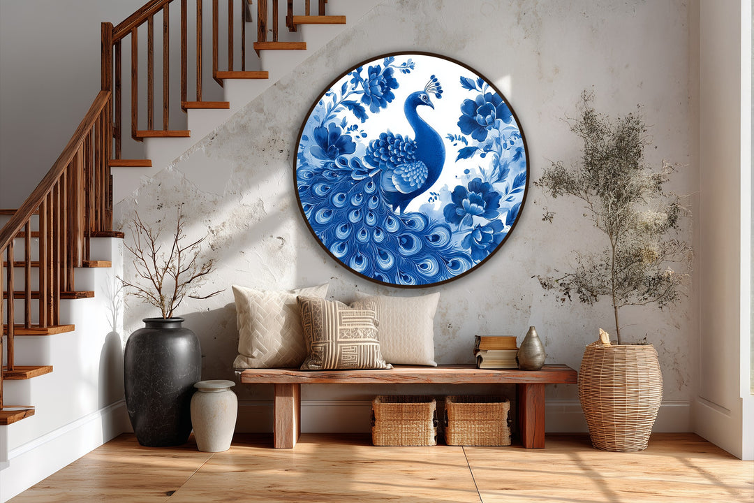 Detailed with a smooth, matte oil painting reproduction print finish, a round wall art piece features an indigo peacock and floral design.