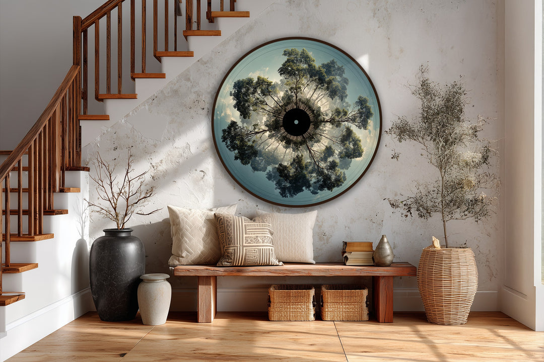 The realistic detail shows a round oil painting home decor piece, titled 'Celestial Canopy', portraying a radial forest perspective with skyward trees in immersive depth.